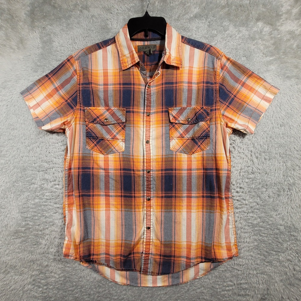 Decree Pearl Snap Shirt Mens Large Orange Plaid Short‎ Sleeve Cotton Casual
